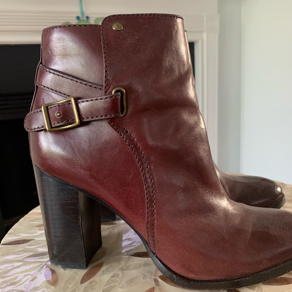 Frye Burgundy Heeled Boots with Buckle Detail